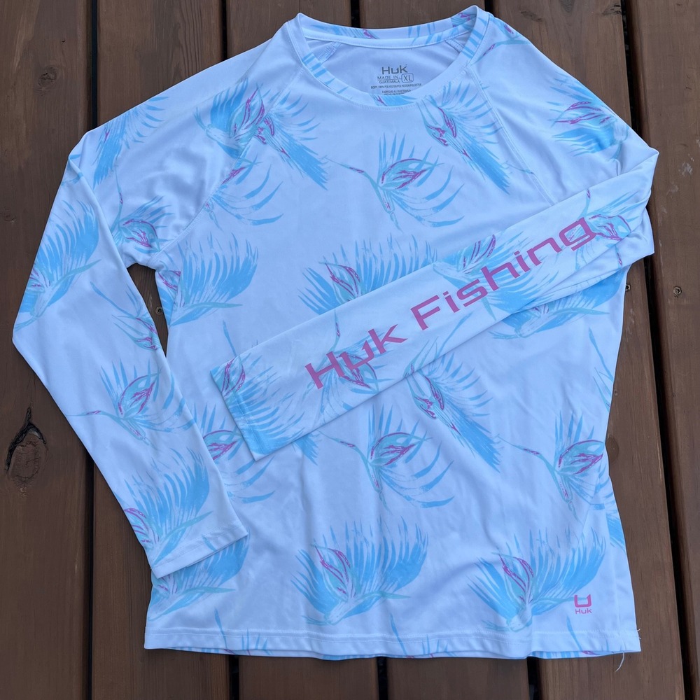 Womens Huk Fishing Shirt Long Sleeve Pursuit White Palm UPF 30 Sun Protection XL